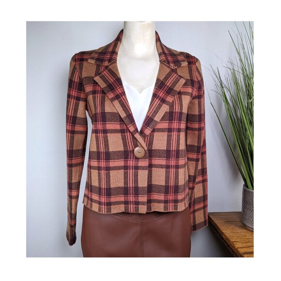 TAHARI Burnt Orange Plaid Semi Crop Cropped Sweater Blazer Jacket Wm Sz S NWOT - Picture 2 of 8